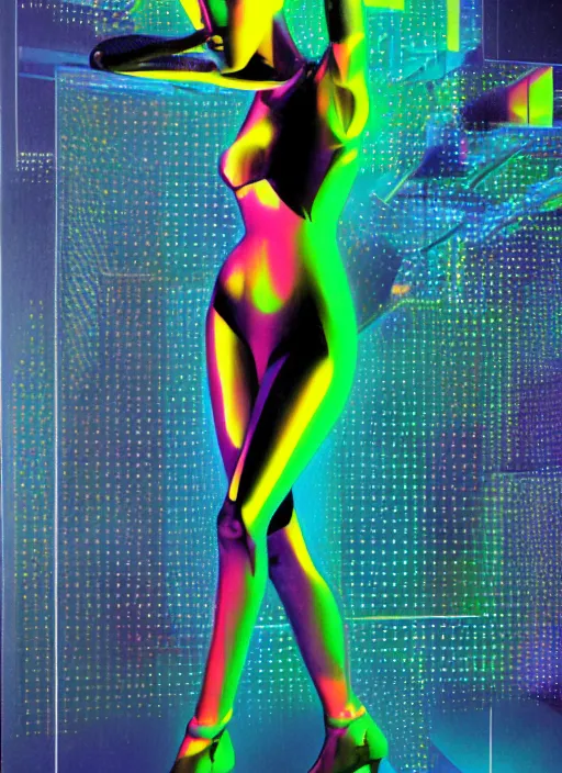 Image similar to futuristic lasers tracing, data visualization, laserpunk fullbodysuit,, pyramid visor, raindrops, wet, oiled, beautiful cyborg girl pinup, by steven meisel, kaws, rolf armstrong, cubist perfect geometry abstract acrylic, hyperrealism photorealistic airbrush collage painting, monochrome, neon fluorescent colors, minimalist rule of thirds, eighties eros