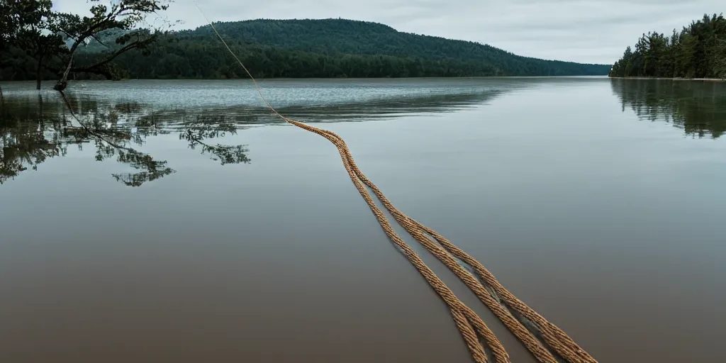 Prompt: centered photograph of a single line of big thick long rope tan floating on the surface stretching out to the center of the lake, a dark reflective lake sandy shore on a cloudy day, color film, trees in the background, hyper - detailed color photo, anamorphic lens