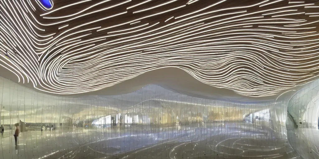 Image similar to extremely detailed stunning curvilinear museum interior with water centered sculpture piece and led strips