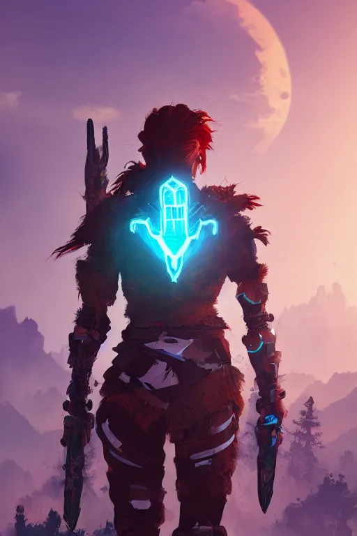 Image similar to combination suit armor aloy horizon forbidden west horizon zero dawn radiating a glowing aura global illumination ray tracing hdr fanart arstation by ian pesty and alena aenami artworks in 4 k tribal robot ninja mask helmet backpack