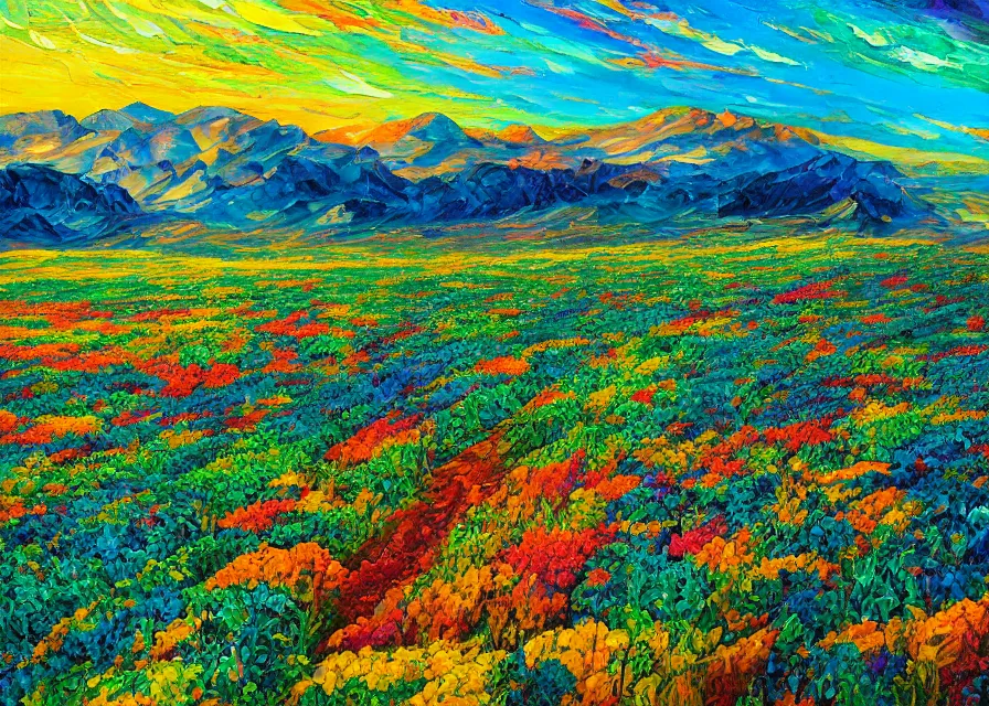 Image similar to cannabis fields on a beautiful alien landscape, colorful oil painting, highly detailed