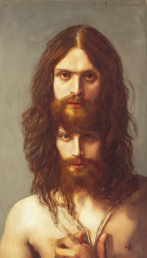 Image similar to a painting of a man with long hair, a portrait by Robert Lenkiewicz, cg society, pre-raphaelitism, da vinci, studio portrait, oil on canvas