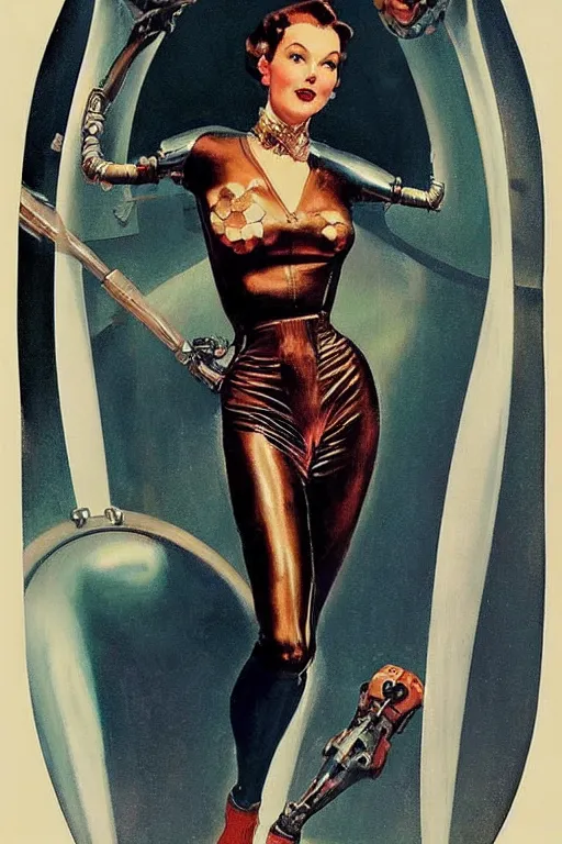 Image similar to 5 0 s pulp scifi fantasy illustration full body portrait elegant woman wearing latex spacesuit with biomech arms, by norman rockwell, roberto ferri, daniel gerhartz, jack kirby, earle bergey, ruan jia, jason fabok, tom lovell, alex malveda, dean cornwell, astounding stories, amazing, fantasy, other worlds