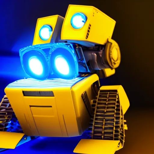 Image similar to photo of wall - e, blue and yellow glowing lights, dark, highly detailed