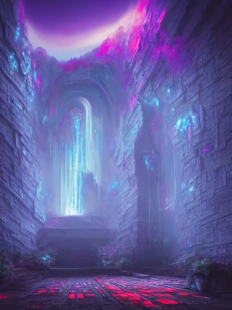 Image similar to entrance to ethereal realm, god waiting, rendered in unreal engine, central composition, symmetrical composition, dreamy colorful cyberpunk colors, 6 point perspective, fantasy landscape with anthropomorphic!!! terrain!!! in the styles of igor morski, jim warren, and rob gonsalves, intricate, hyperrealistic, volumetric lighting, neon ambiance, distinct horizon