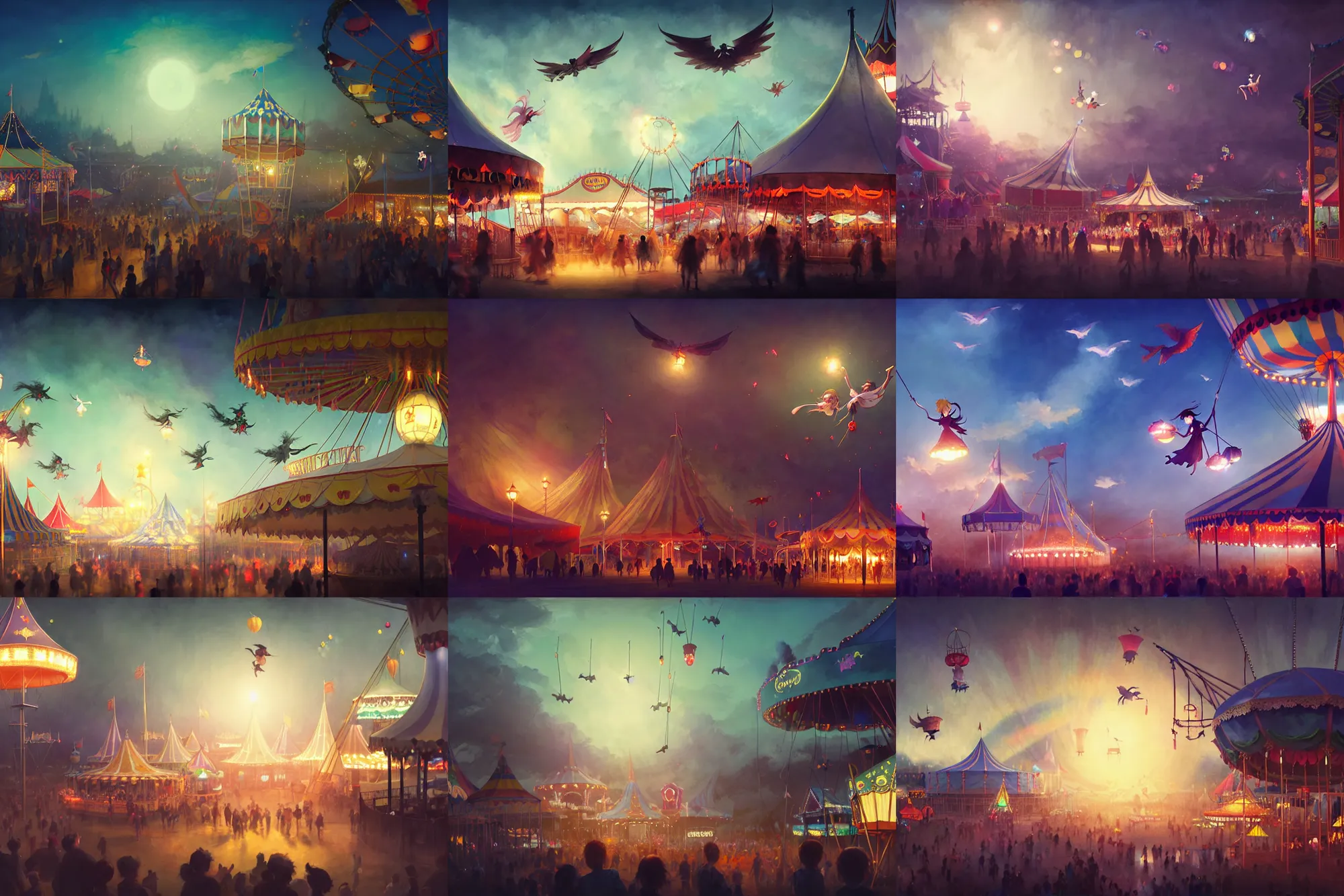 Prompt: young witches flying above a carnival, witchlight carnival amusement park, big top circus tent, night time, rim light, studio ghibli style, high octane filter, 8 k, highly detailed, digital painting, concept art, matte, art by ruan jia and wlop and greg rutkowski and makoto shinkai, masterpiece