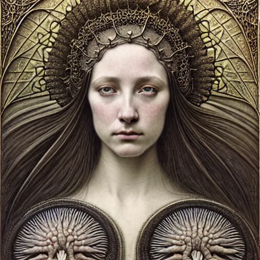 Image similar to detailed realistic beautiful young medieval queen face portrait by jean delville, gustave dore, iris van herpen and marco mazzoni, art forms of nature by ernst haeckel, art nouveau, symbolist, visionary, gothic, neo - gothic, pre - raphaelite, fractal lace, intricate alien botanicals, ai biodiversity, intricate hyper detailed ultra sharp octane render