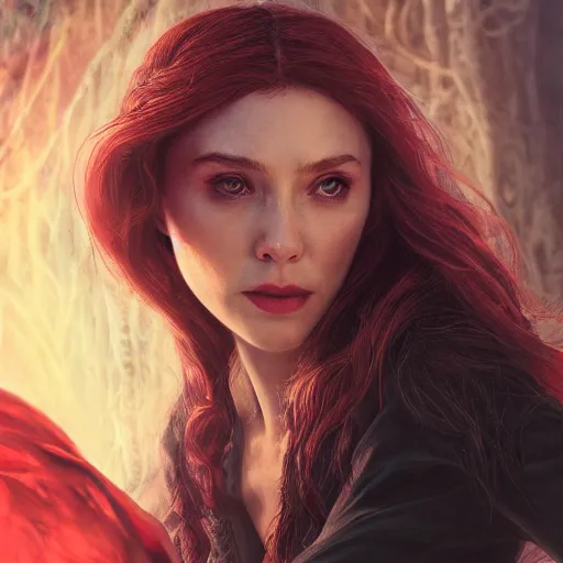 Image similar to movie still of scarlet witch rewriting the fabric of reality, photorealistic art style, fantasy aesthetic. full - body photography, comprehensive art, thorough details, intricate, artstation, cgsociety contest winner