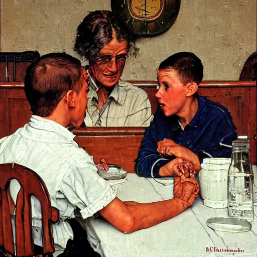 Prompt: Three students talking at a table artwork by Norman Rockwell