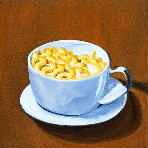 Image similar to a painting of a living box of KD mac and cheese holding a cup of coffee