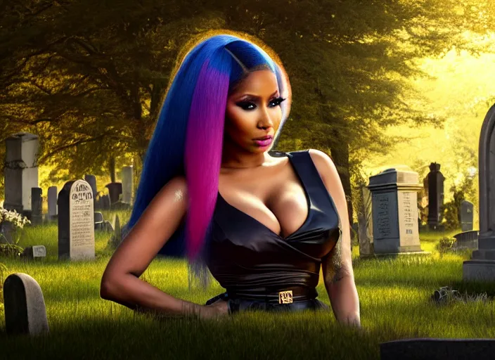 Prompt: nicki minaj, in a graveyard, soft surface texture, photo, soft sun lights, 4 k, high detailed photography result, 5 0 mm lens, rich deep colors, smooth gradients, depth of field, cinematic, hyper realism, high detail, octane render, unreal engine 5, 8 k, vibrant colors