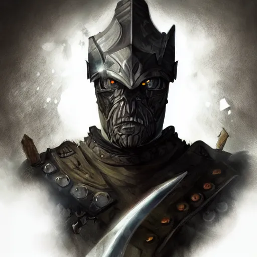 Image similar to illuminated portrait of an old warrior, black armor, greatsword, grey hair, scars, digital illustration, high fantasy, detailed face, colorful, frank frazetta, sharp focus