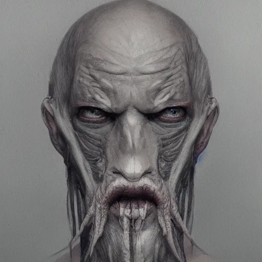 Image similar to eerie portrait of creepy pale old man with fish like facial features and gills in his neck, painted, fish man, trending on art station, love craftian, dark lighting