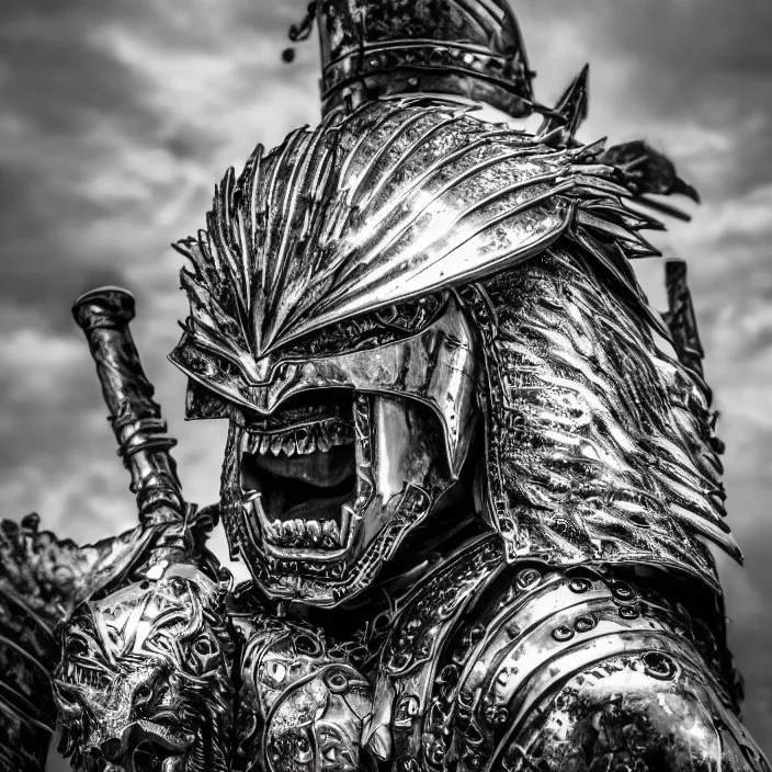 Image similar to photo of a warrior with metal lion themed armour, highly detailed, 4 k, hdr, smooth, sharp focus, high resolution, award - winning photo