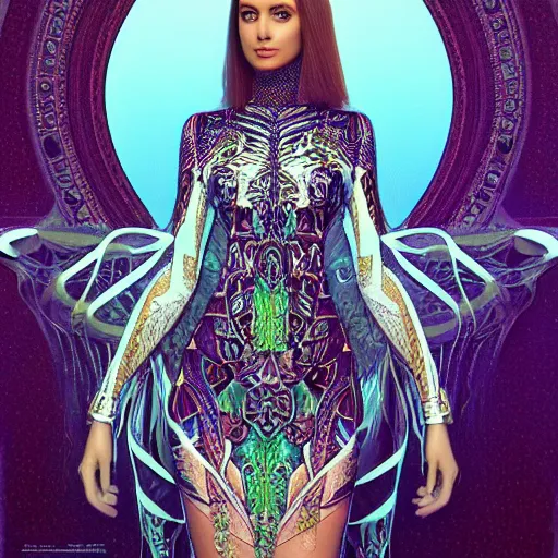 Image similar to a beautiful arabian woman wearing a futuristic dress by alexander mcqueen, artgerm, alex gray, android jones, fashion show, futuristic, organic dress, seamless pattern, concept art, fantasy