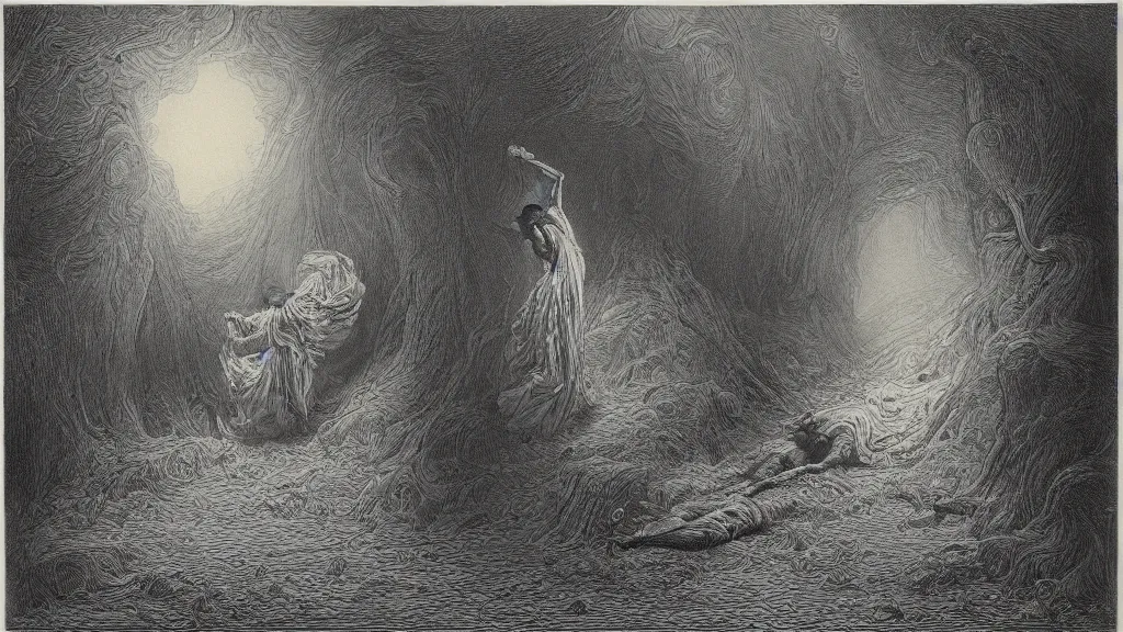 Prompt: ( at my feet mysterious chaos breaks, abrupt, immeasurable ) in the style of gustave dore, max klinger ( 1 8 5 7 - 1 9 2 0 ), sidney h. sime, 1 8 6 0 s