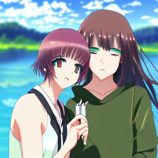 Image similar to two beautiful lesbian girls in love, smoking a hemp cigarette with smoke, sitting in front of a lake, in the style of anime, close - up, highly detailed face, 4 k, pixiv, intricate, elegant, highly detailed, lush, stylized, japanese, smooth