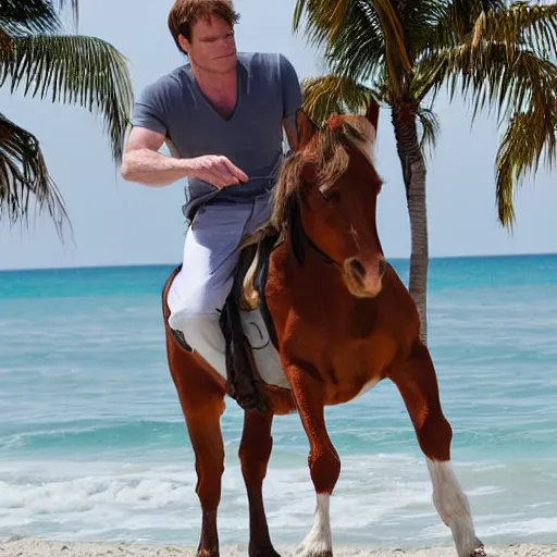 Prompt: michael c hall as dexter morgan riding a mini horse on the beach in miami