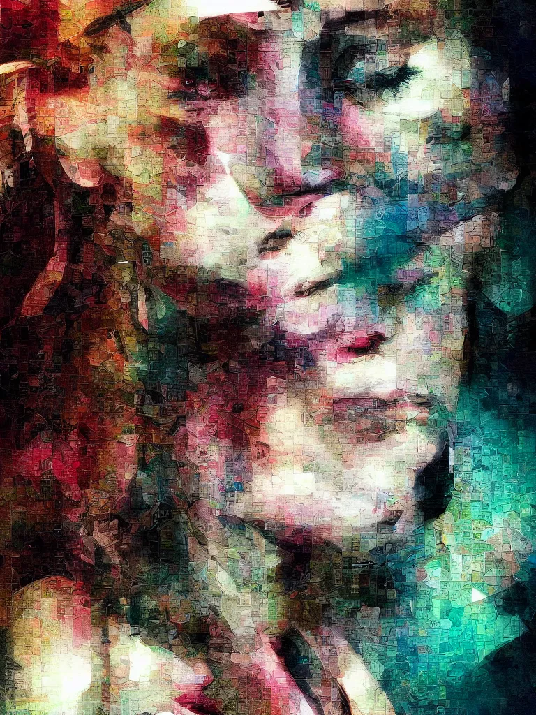 Image similar to a beautiful collage by patrick bremer of a girl portrait in a glitched bathroom, pixel sorting, color bleeding, brushstrokes by jeremy mann