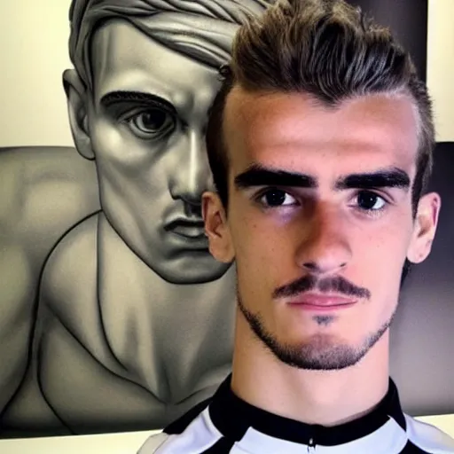 Image similar to “ a realistic detailed photo of a guy who is an attractive humanoid who is half robot and half humanoid, who is a male android, soccer player antoine griezmann, shiny skin, posing like a statue, blank stare, at the museum, on display ”