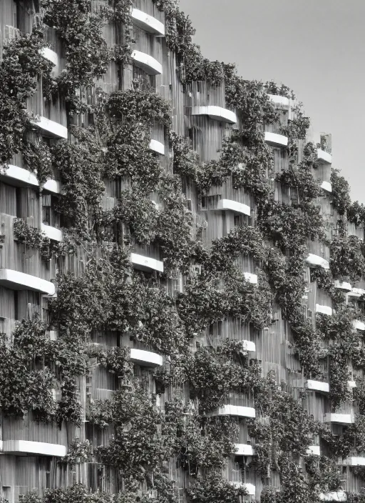 Image similar to brutalist garden city covered in vines and flowers by Denys Lasdun