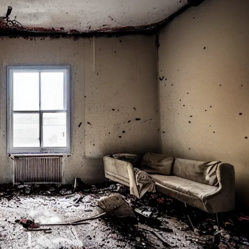 Image similar to Award winning photo of a living room of a flat abandoned 3 months ago, 4k, urban exploring, high quality