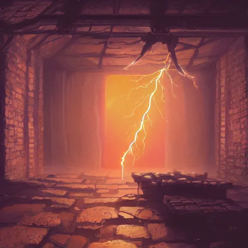 Prompt: a beautiful ultradetailed anime illustration of a single red lightning bolt striking the floor of a dungeon through a gap in the ceiling, dungeon is dimly illuminated with purple and golden lights, by sarper baran, beeple, makoto shinkai and thomas kinkade, anime art wallpaper 4 k