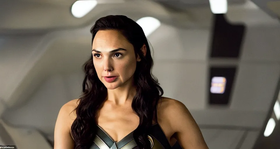 Image similar to Gal Gadot, in full starfleet uniform, is the captain of the starship Enterprise in the new Star Trek movie