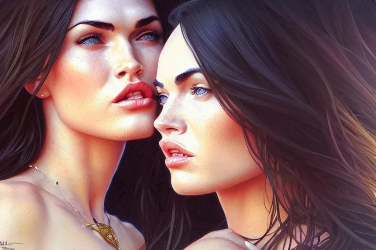 Prompt: portrait of megan fox kisses with a blonde woman, lesbian kiss, intricate, headshot, highly detailed, digital painting, artstation, concept art, sharp focus, cinematic lighting, illustration, art by artgerm and greg rutkowski, alphonse mucha, cgsociety