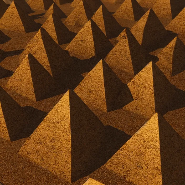 Image similar to a bunch of golden pyramids were thrown on the ground and are laying on dark surface, octane render, bloom effect, unreal engine, sharp focus