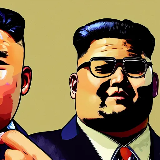 Image similar to illustration gta 5 artwork of kim - jong un, in the style of gta 5 loading screen, by stephen bliss