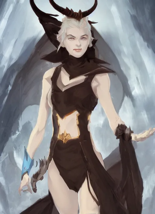 Image similar to concept art painting of a woman with brown skin and short white hair, demon horns, elf ears, full clothing, black clothes, blue robes, detailed, cel shaded, in the style of ruan jia and artgerm and makoto shinkai and james gurney