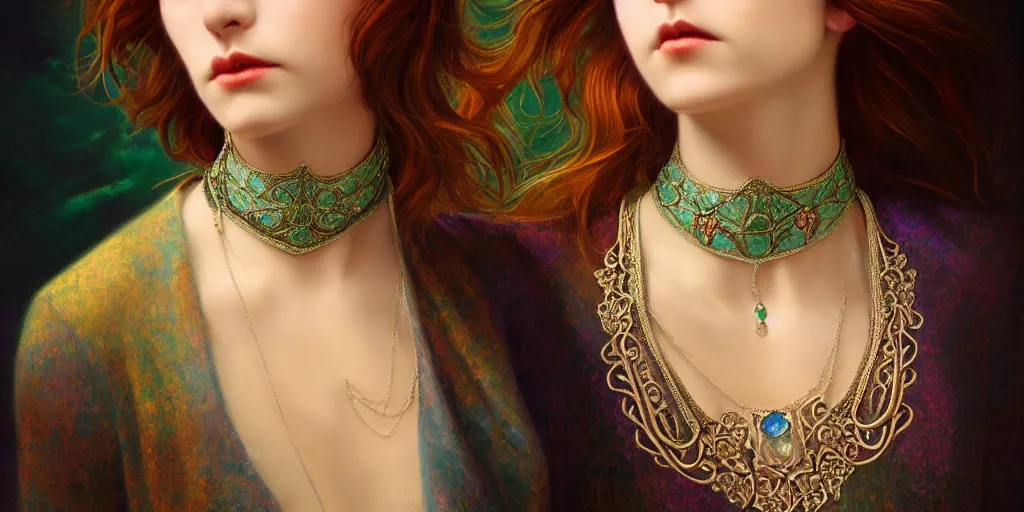 Image similar to highly detailed oil painting, art nouveau, ornate, delicate, brilliant magical gemstones choker, around a neck, octane render, realistic, dramatic light,