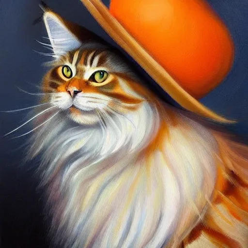 Prompt: Beatiful Oil painting of an orange Maine-coon with white beard, wearing sombrero