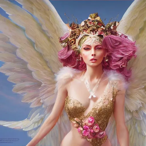 Prompt: expressive full body photo of sophia lauren as beautiful angel, smooth glowing skin, ornate headpiece made from pink flowers, glamour shot, by karol bak, by greg rutkowski, by artgerm, octane render, unreal engine, photorealistic, canon r 3, fashion photography