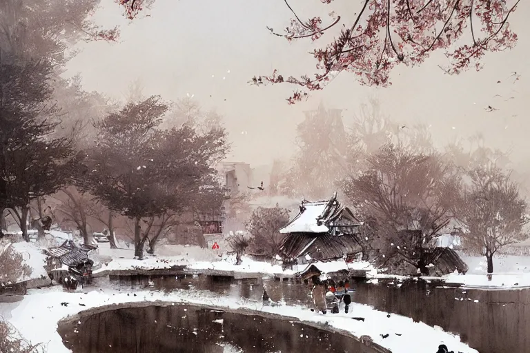 Image similar to a big mean goose, chinese village, trees, school, snow and winter watercolor, artastation ， soft lighting. by wenjun lin, tony sandoval