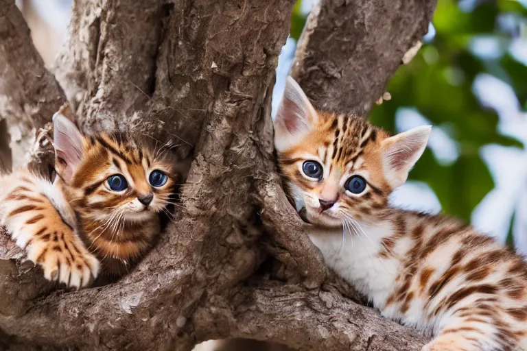 Image similar to bengal kittens that are in a tree and the kittens are looking directly into the camera