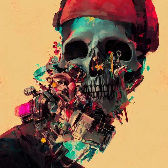 Image similar to a colorful comic noir illustration painting of a cyberpunk skull by sachin teng and sergey kolesov and sam yang and heng z. hyper detailed. octane render. trending on artstation