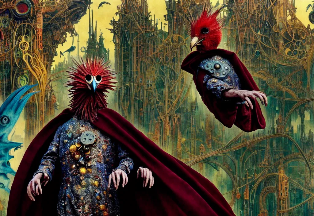 Image similar to realistic detailed portrait movie still of a birdman wearing dark robes, sci fi city landscape background by denis villeneuve, amano, yves tanguy, alphonse mucha, ernst haeckel, max ernst, ridley scott, roger dean, masterpiece, rich moody colours, cinematic, snarling dog teeth