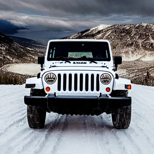 Image similar to white jeep wrangler driving up snow covered mountain ridge, dreamy atmosphere, dramatic lighting, cinematic, photo realism