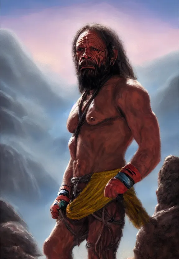 Prompt: a solitary wrestler randy savage with an anchor slung over his shoulder alone in a rocky desolate wasteland | portrait | hd 4 k | fantasy impressionist oil painting | middle earth | pathfinder | artstation | conan | darksun | d & d dungeons and dragons | barbarian