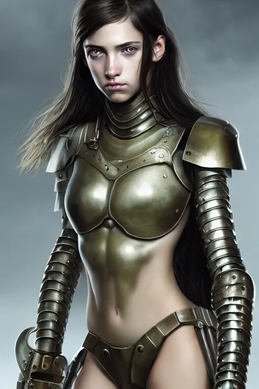 Image similar to a photorealistic painted portrait of an attractive young girl, partially clothed in dull metal-plated battle armor, olive skin, long dark hair, beautiful bone structure, symmetric facial features, perfect eyes, natural physique, intricate, elegant, digital painting, concept art, finely detailed, beautifully illustrated, sharp focus, minimal artifacts, photographic quality, from Metal Gear, by Ruan Jia and Mandy Jurgens and Artgerm and William-Adolphe Bouguerea, in the style of Greg Rutkowski, trending on Artstation, award winning