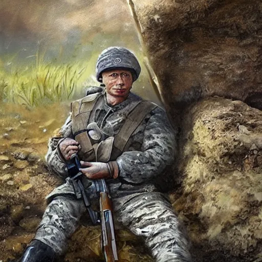 Image similar to Putin, fully equipped, is sitting in a trench and shooting back at the Ukrainians. Super detailed style/ HD textures/Detailed face of Putin/ detailed processing of details