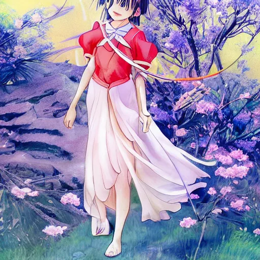 Prompt: Sakura from Cardcaptor Sakura walks around in a short summer dress among endemic plants and snags in a long transparent flowing dress and meets mystical animals, mystical insects, mystical birds, lizards, gorgeous, intricate, in the style of Jin Kagetsu, James Jean and wlop, Valentin Serov style, hyperrealistic, sharp focus, intricate concept art, digital painting, ambient lighting, 4k, hdt, artstation trending on Gsociety, trending on ArtstationHQ, trending on deviantart, professionally post-processed, wide-angle action dynamic portraithyperdetailed, hyper quality, 16K