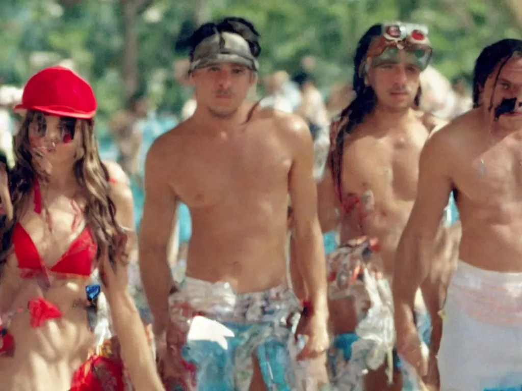 Prompt: Close up of mario in a hat in Harmony Korine Spring Breakers film aesthetic!!!