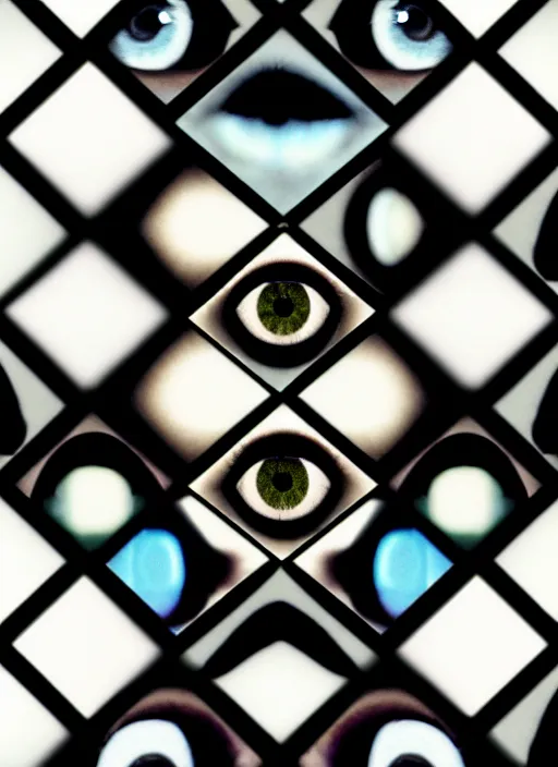 Image similar to grid montage of cube shaped eyes cubes, square shaped black dilated pupils cubes, cube shaped irises, detailed colored textures, lashes, advanced art, art styles mix, wet reflections in square eyes, sunshine light, hd macro photograph, from side, various cune eyelid positions, small square black centered