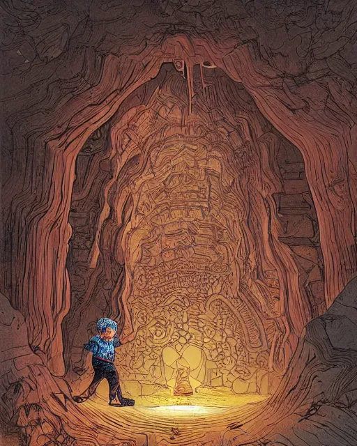 Image similar to a young boy opening a giant wooden door with archaic symbols embedded onto it, in a cave by the water, digital art, illustrated by james gurney and victo ngai