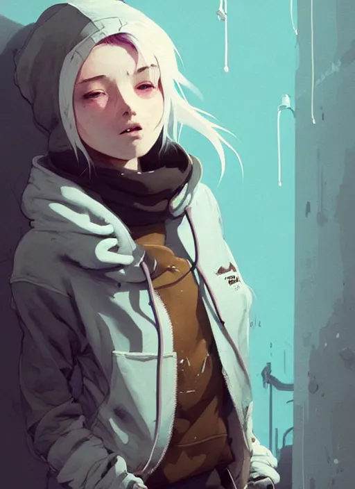 Image similar to highly detailed portrait of a sewer punk swedish young lady, hoodie, white hair by atey ghailan, by greg rutkowski, by greg tocchini, by james gilleard, by joe fenton, by kaethe butcher, gradient light blue, blonde, brown, cream and white color scheme, grunge aesthetic!!! ( ( graffiti tag wall background ) )