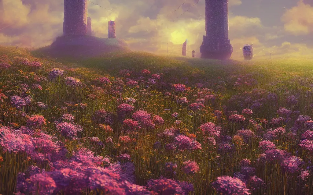 Prompt: the lonely tower in a field of flowers landscape by mike winkelmann, magic realism matte painting, vibrant colors, highly detailed