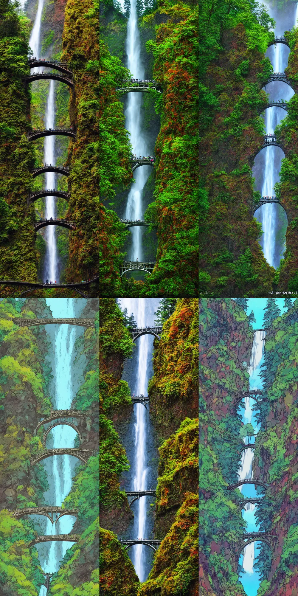 Prompt: multnomah falls oregon in the style of studio ghibli, hayao miyazaki, colorful, detailed, no duplicate image